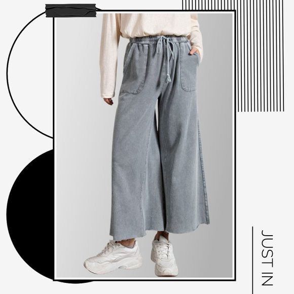 📌 EASEL "The Originals" Mineral Wash Wide Leg Drawstring Pants Pockets Raw Hems - Picture 9 of 15